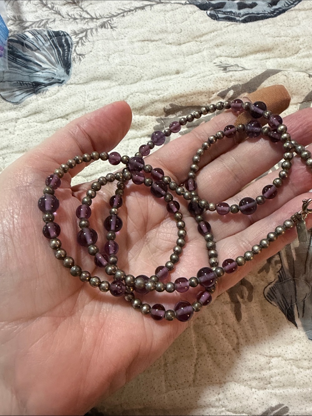 Karla Jordan beaded necklace. Purple and pewter color beads.